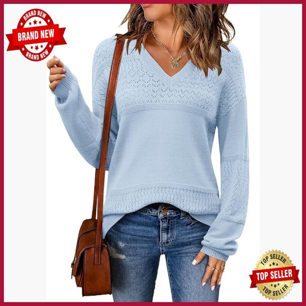 Lightweight V-Neck Pullover Sweater, Crochet Knit, Long Sleeve, Casual Top